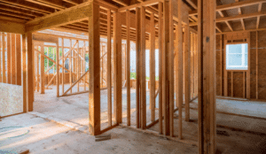Interior wooden framing of a house under construction