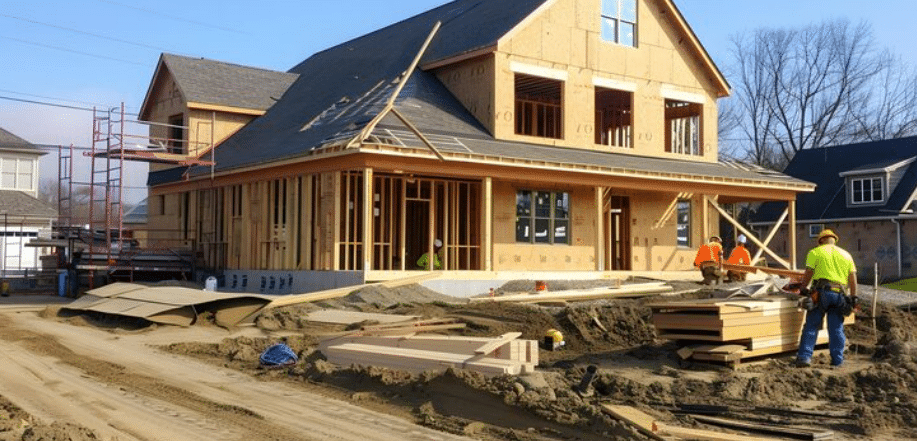 Residential house construction with workers on site