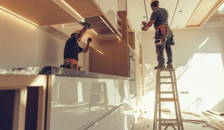 Workers installing kitchen cabinets under ceiling lights