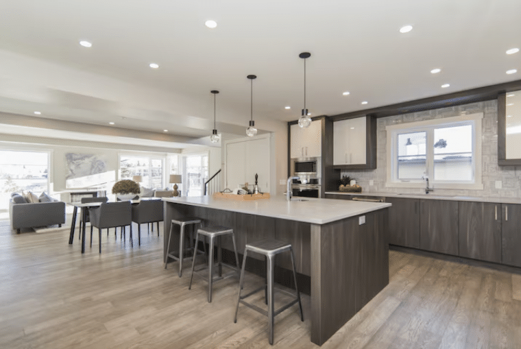 Modern finished kitchen with island and seating