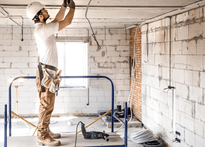 Worker installing ceiling wiring in unfinished room