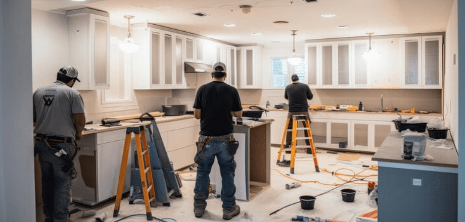 Team of workers installing kitchen cabinets during renovation