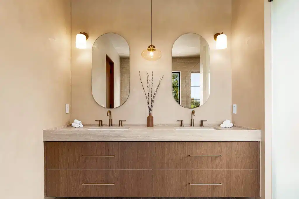 Floating double sink vanity with modern mirrors