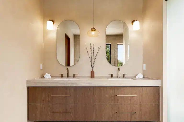 Floating double sink vanity with modern mirrors