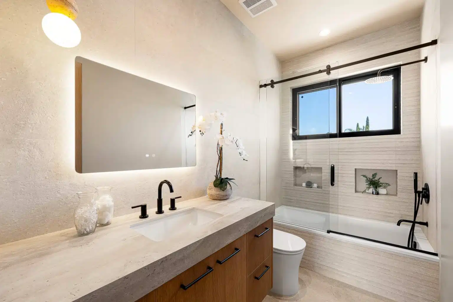 Modern bathroom with glass shower enclosure