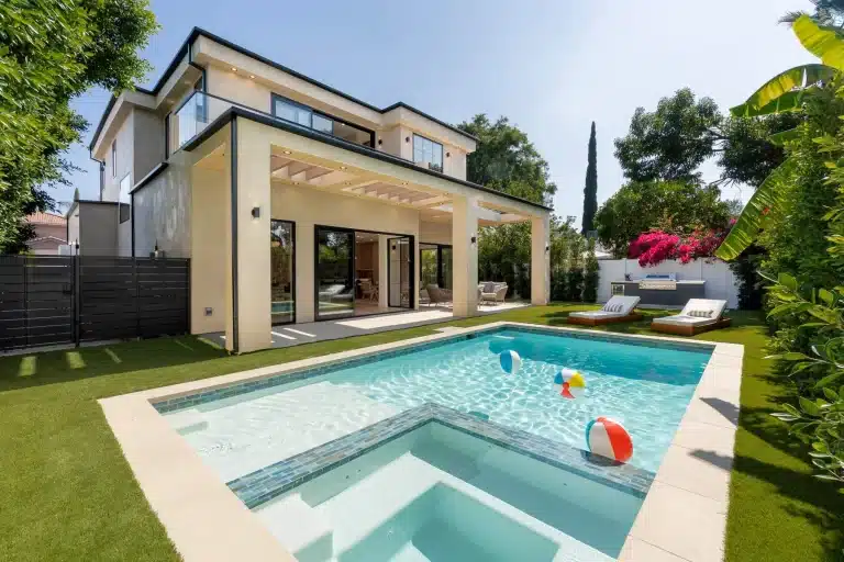 Backyard view of luxury modern home