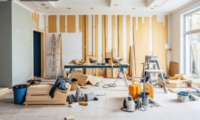 Large residential room undergoing renovation with ladders, tools, and unfinished walls.