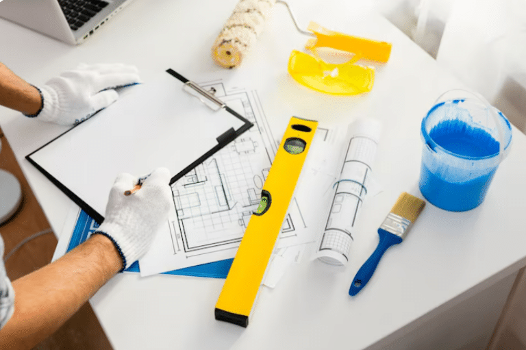 Construction plans, level tool, and permit documents on a worktable