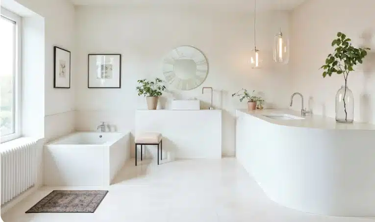 Minimalist luxury bathroom with freestanding tub, floating vanity, pendant lighting, and modern fixtures.