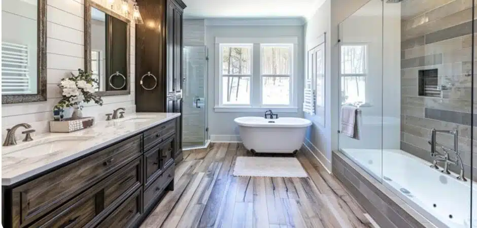Luxury master bathroom with double vanity, freestanding tub, glass shower, and wood-look flooring.