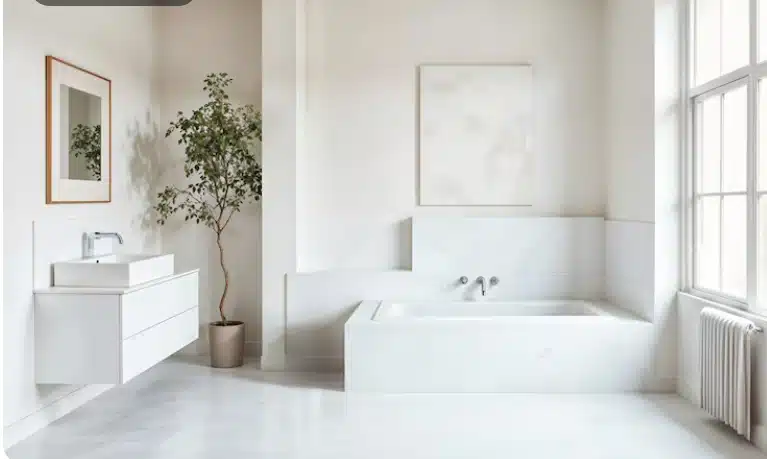 Minimalist white bathroom with soaking tub, floating vanity, natural light, and modern finishes.