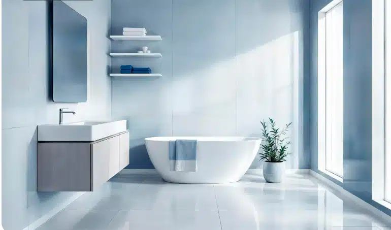 Modern bathroom with freestanding bathtub, floating vanity, large windows, and minimalist design.