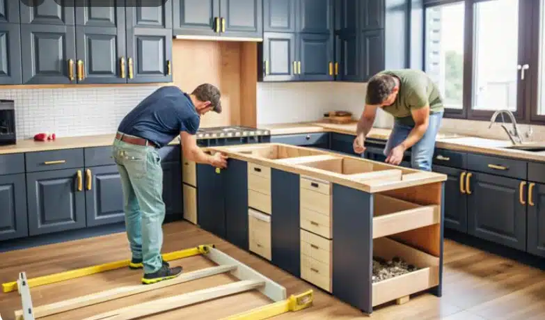 Contractors installing a custom kitchen island and cabinetry during a kitchen remodeling project.