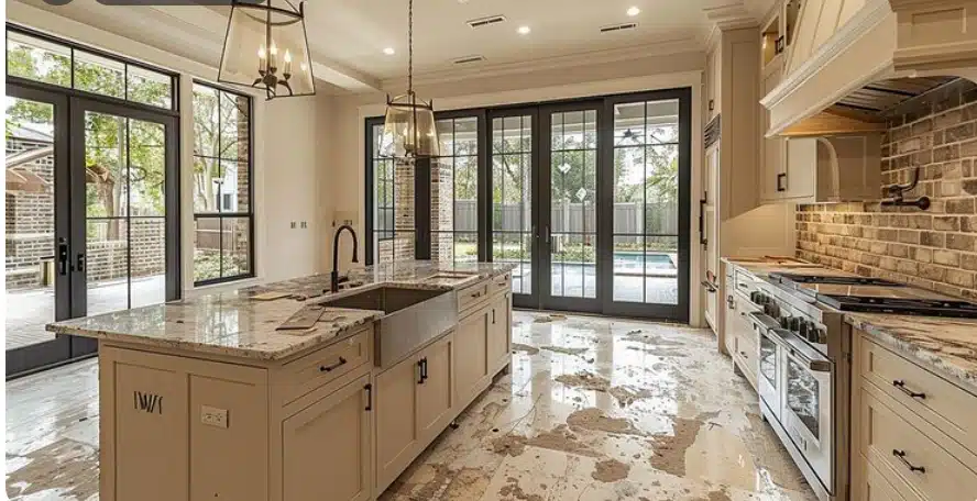 Luxury custom kitchen with large island, stone countertops, brick backsplash, and floor-to-ceiling windows.