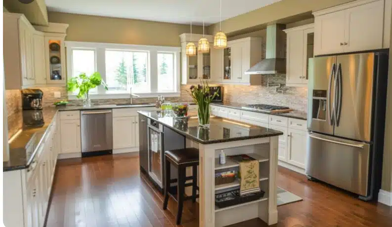 Elegant kitchen with white cabinets, granite countertops, center island, and stainless steel appliances.
